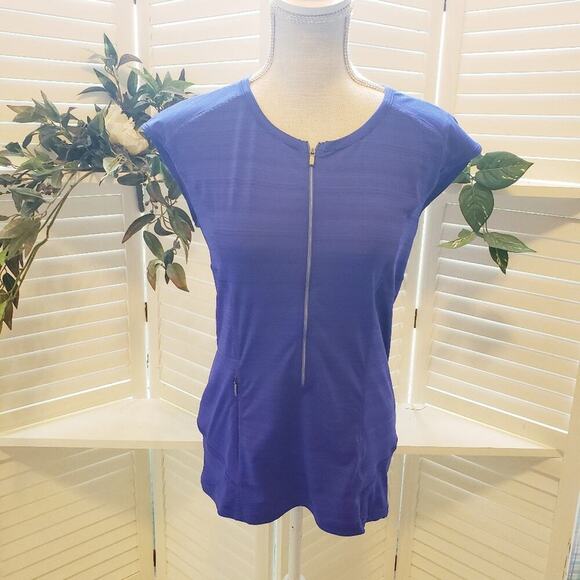 ATHLETA PURPLE ATHLETIC SHORT SLEEVE ZIP TOP SIZE LARGE - Picture 1 of 6